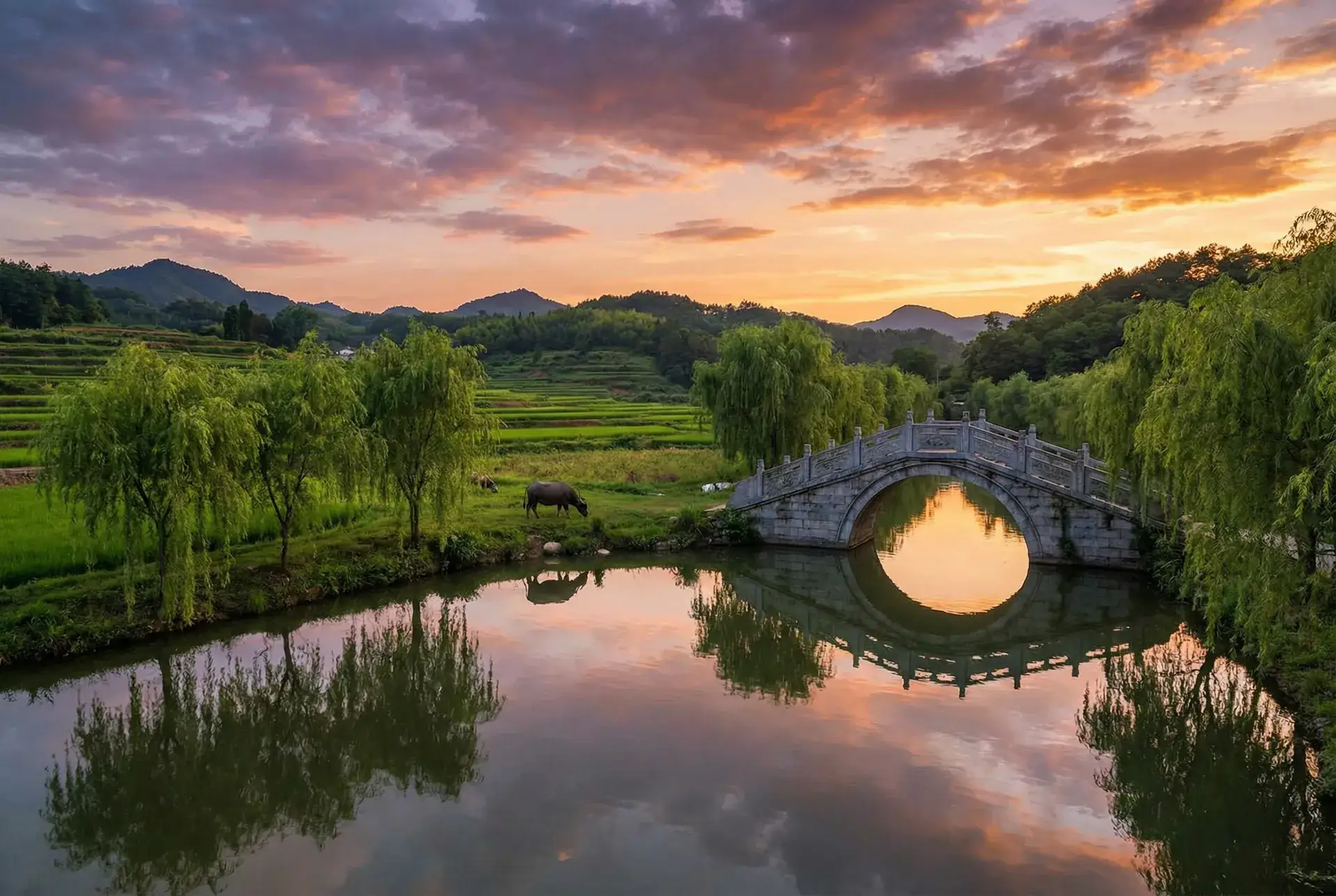 夕阳下的石拱桥与垂柳，水牛在河边吃草 - 啊灬啊灬啊灬快灬深用口述说 乡村美景